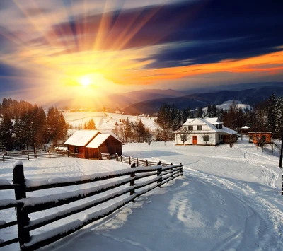 paisagem, neve, por do sol, inverno