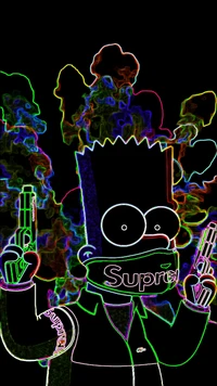 Bart Simpson con armas, usando una máscara de Supreme, contra un fondo de humo psicodélico.