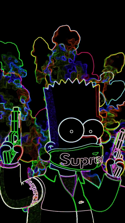 Bart Simpson mit Waffen, wearing einer Supreme-Maske, vor einem psychedelischen Rauchhintergrund.