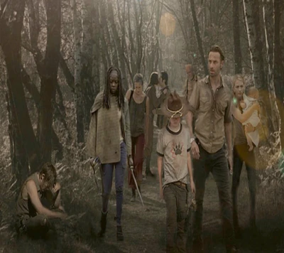 Elenco de The Walking Dead em uma floresta sombria