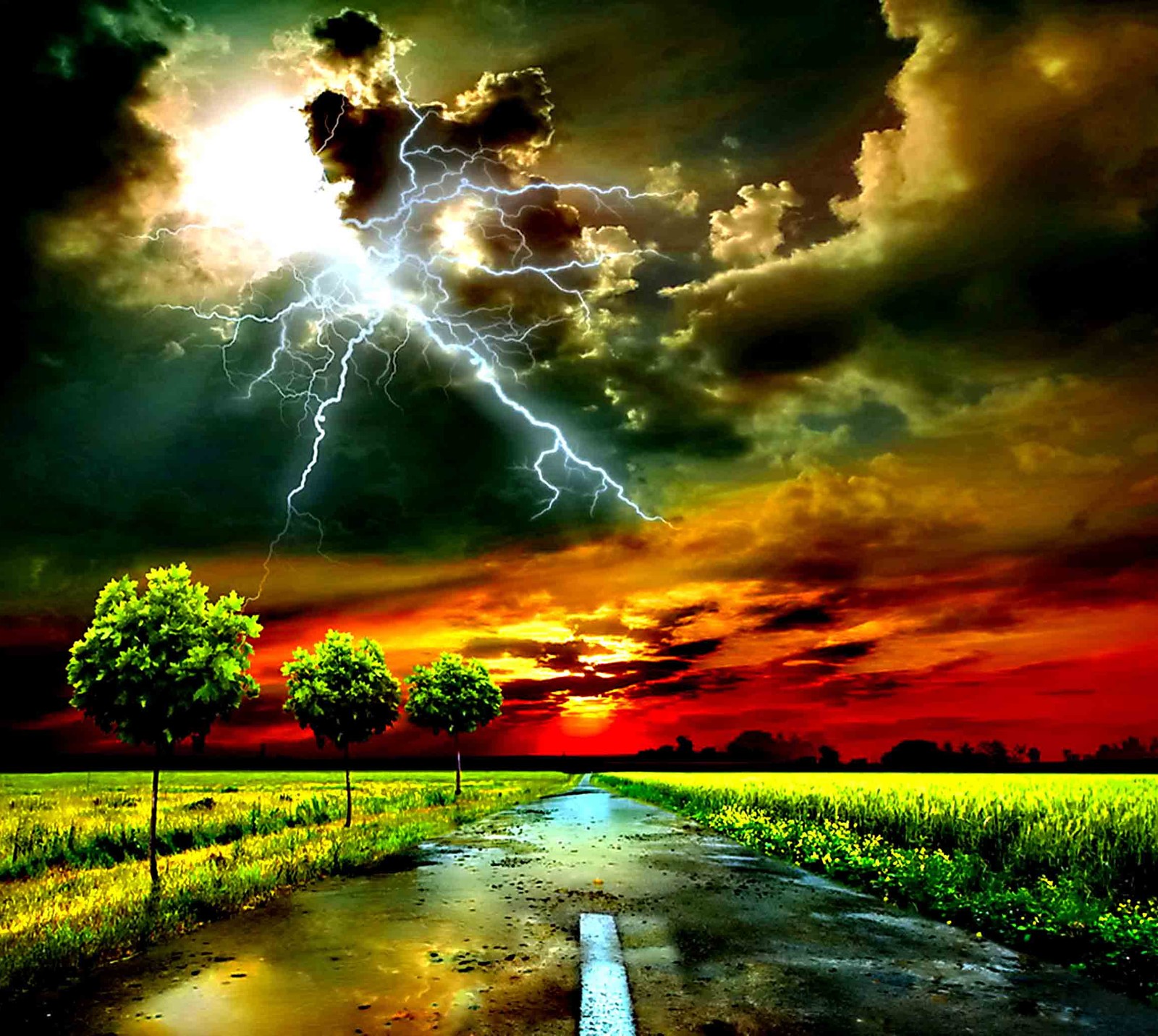 A close up of a road with a lightning bolt in the sky (beautiful, nature)