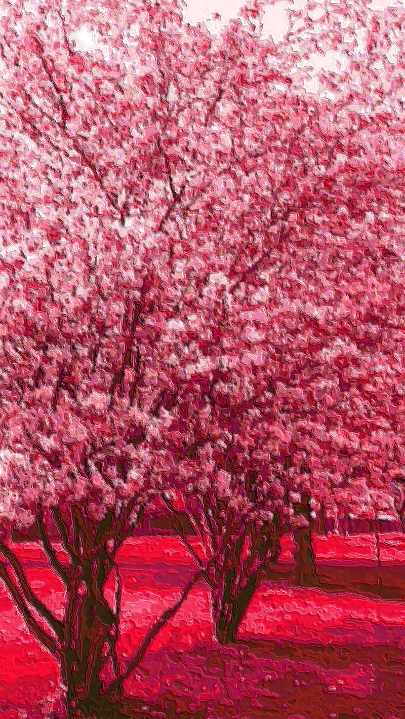 Une peinture d'un arbre rouge dans un champ avec un banc (fleurs, rose)