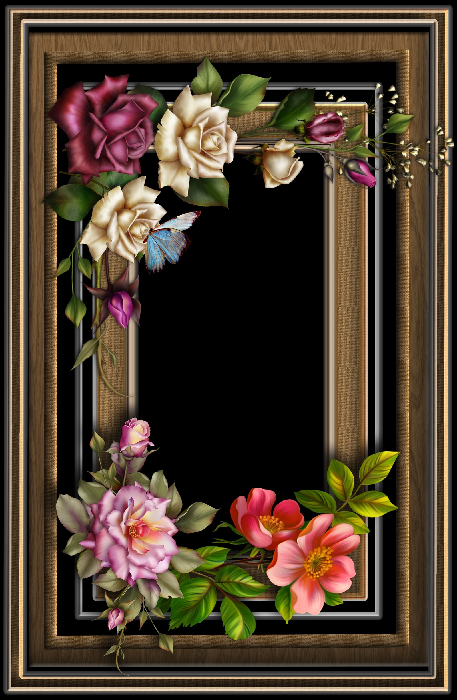 There is a picture of a picture frame with flowers and butterflies (flowers, window, art, background, nice)