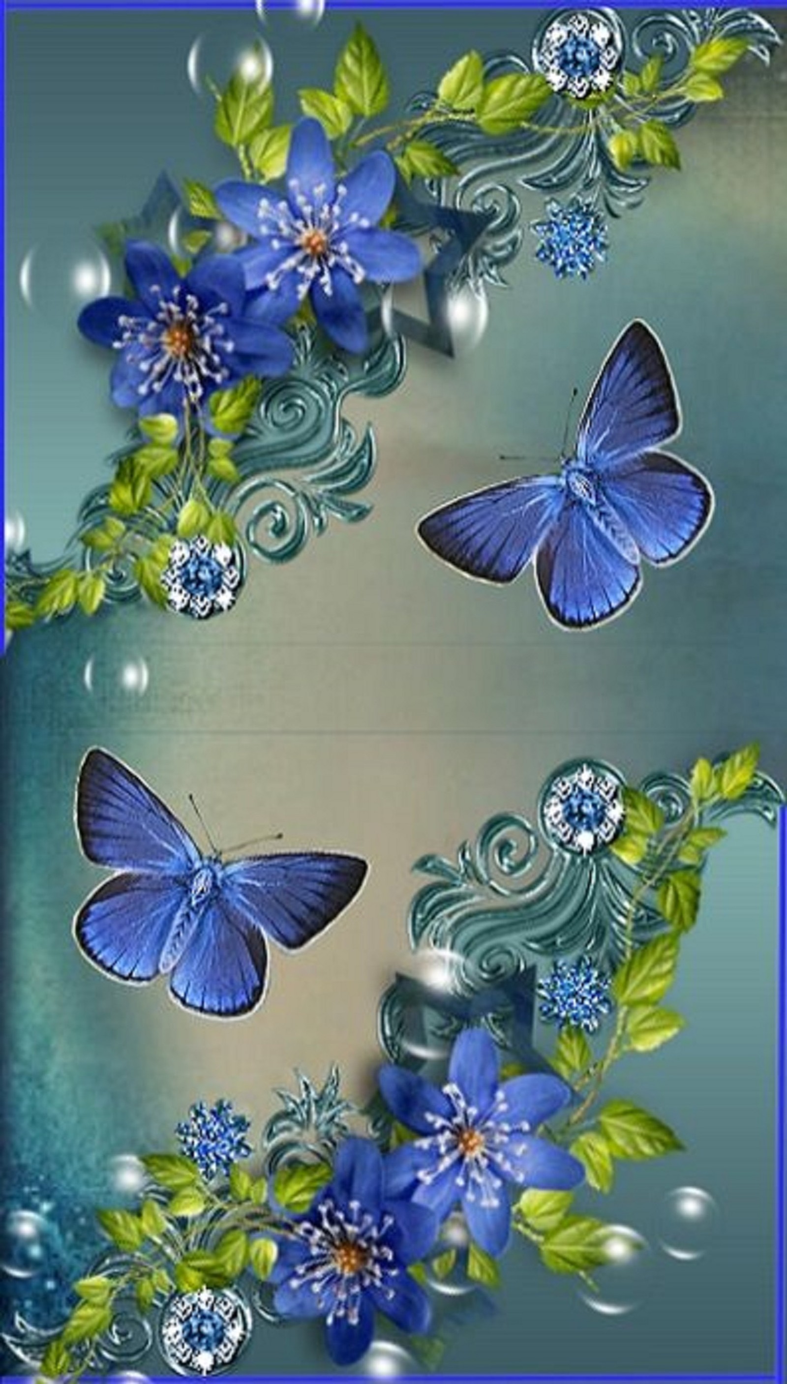 Butterflies and flowers are in a blue frame with bubbles (butterfly, flower)