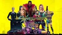 Personajes dinámicos de Cyberpunk 2077 en un entorno urbano futurista