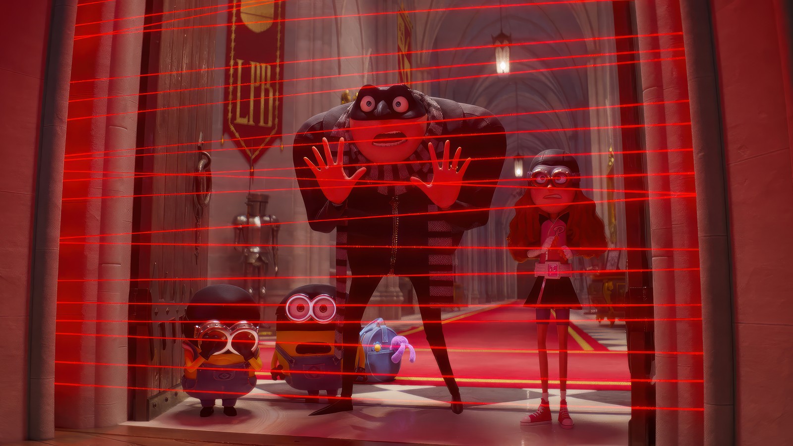 Un primer plano de un escaparate con luz roja (mi villano favorito 4, película, felonius gru, poppy prescott, minion)