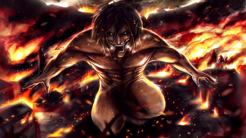 Мужчина с демоническим лицом, окружённый пламенем (атака титанов, attack titan, attack on titan, shingeki no kyojin, аниме)