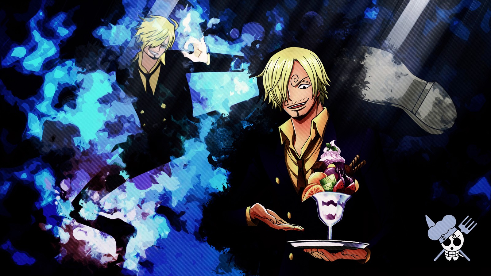 Anime wallpapers of two men with a drink and a sword (one piece, sanji, anime, 4k wallpaper)