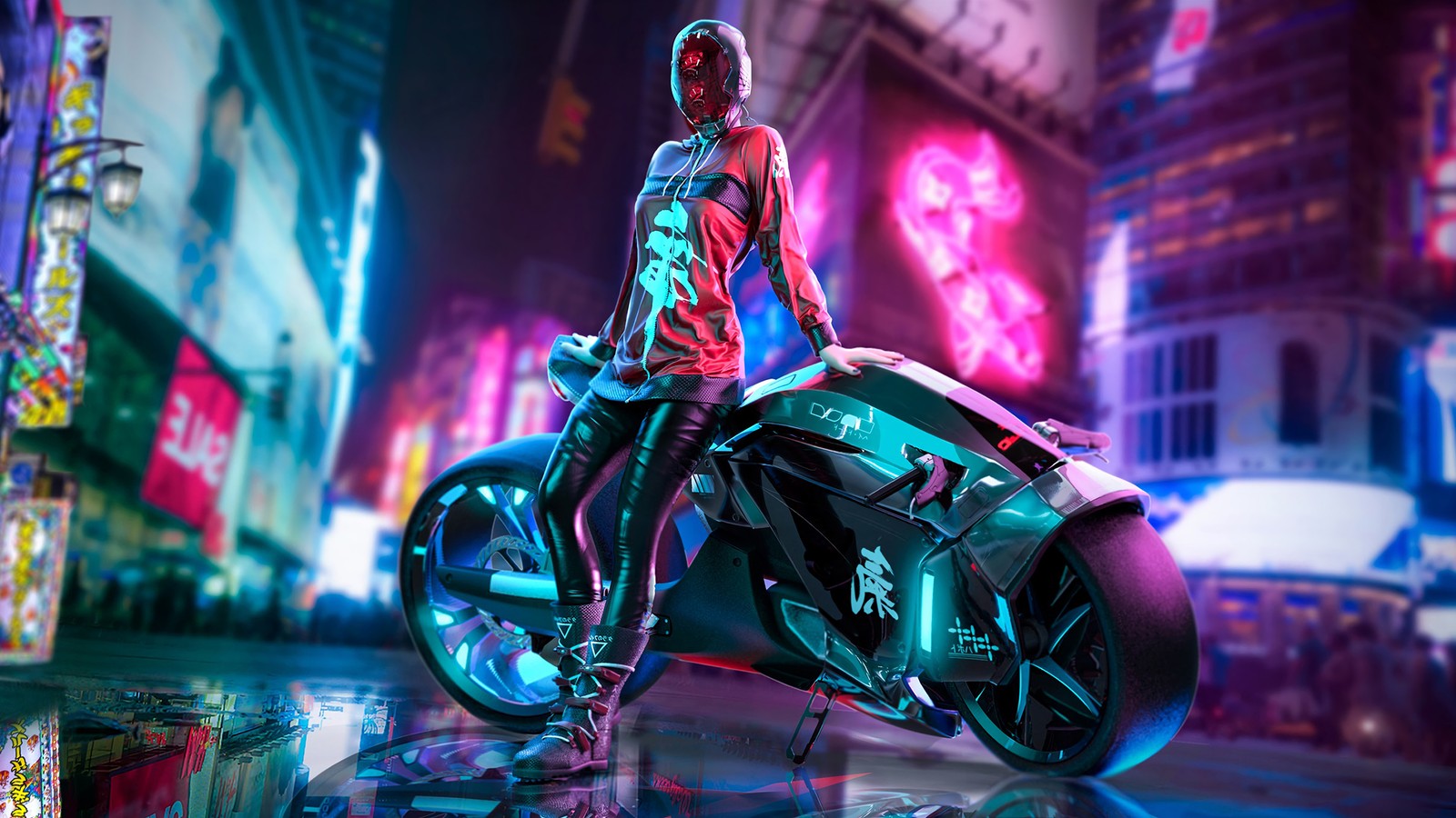 Um close de uma pessoa parada ao lado de uma motocicleta (cyberpunk, meninas, motocicleta)