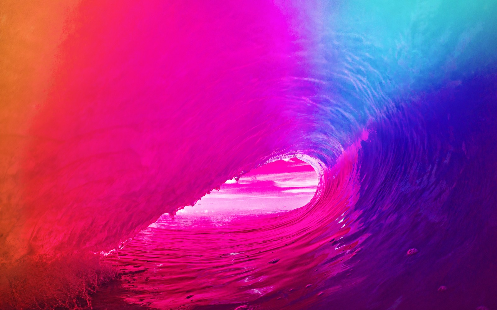 Un gros plan d'une vague colorée avec une personne sur une planche de surf (ios 9, pomme, rose, violet, magenta)