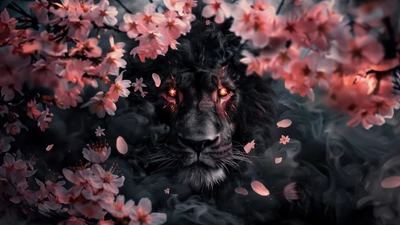 Lion amidst swirling smoke and cherry blossoms, with fiery eyes glowing through the petals.