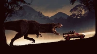 Tyrannosaurus Rex Confronts Jeep in a Jurassic Landscape