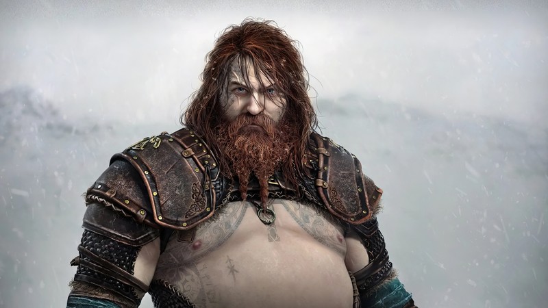 Крупный план мужчины с бородой и гладким лицом (бог войны рагнарёк, god of war ragnarok, видеоигра, playstation, ps5)