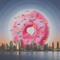 Donut de arranha-céu rosa contra um horizonte ao amanhecer