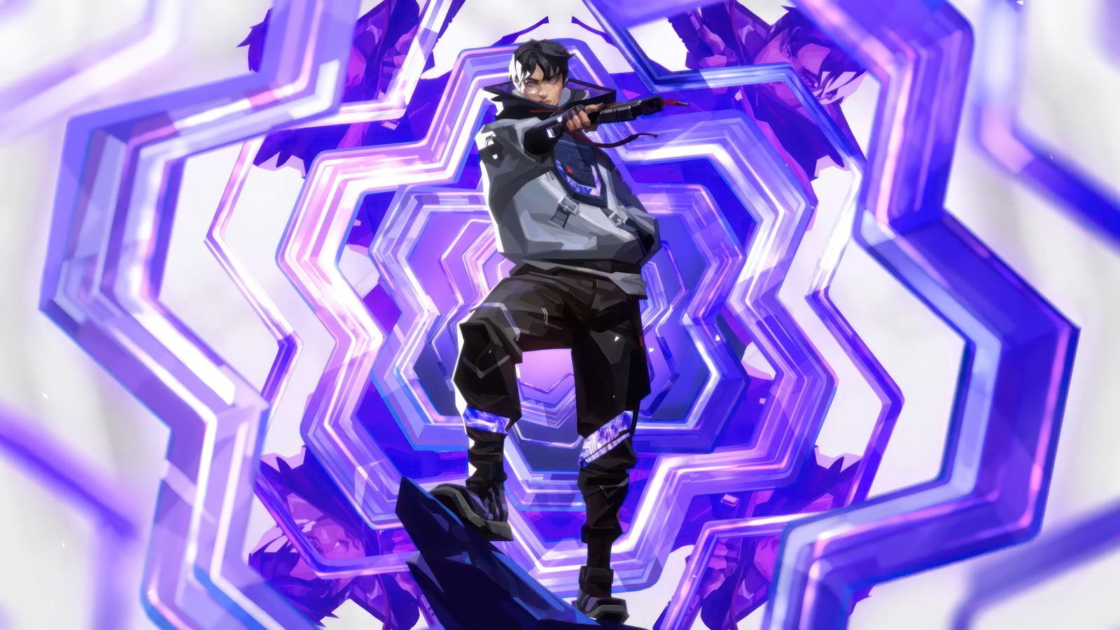 Anime guy with a sword in a purple and black background (iso, valorant, video game)