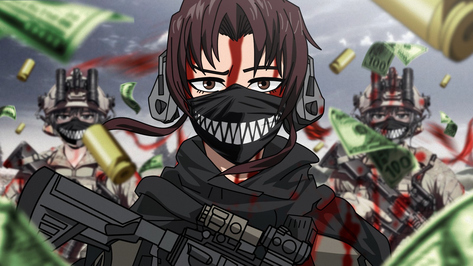 Un primer plano de una persona con un arma y una máscara (revy, laguna negra, 5k, anime, fondo de pantalla 4k)