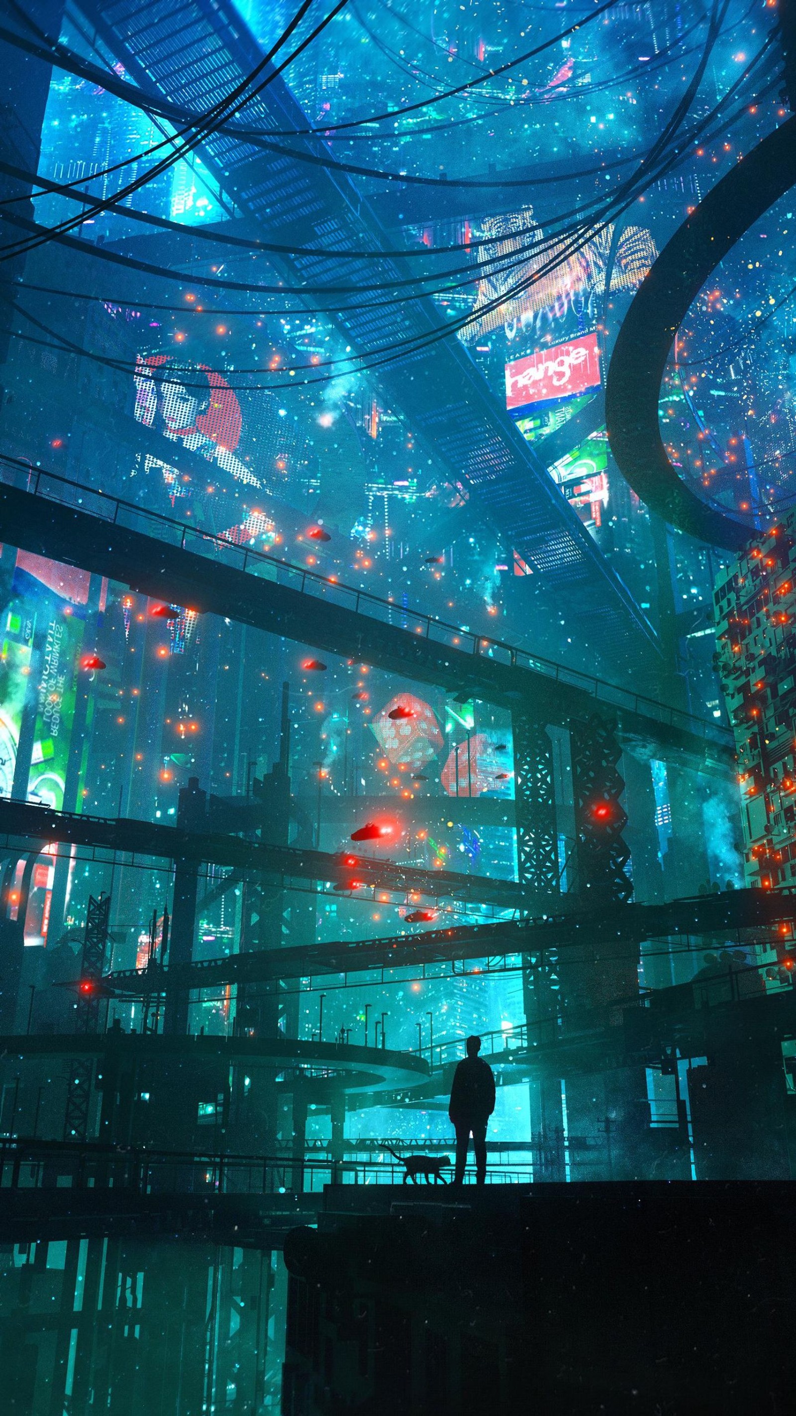 Una ciudad futurista con un hombre de pie en el medio (arte, arte digital, cyberpunk, arte de anime, arte conceptual)