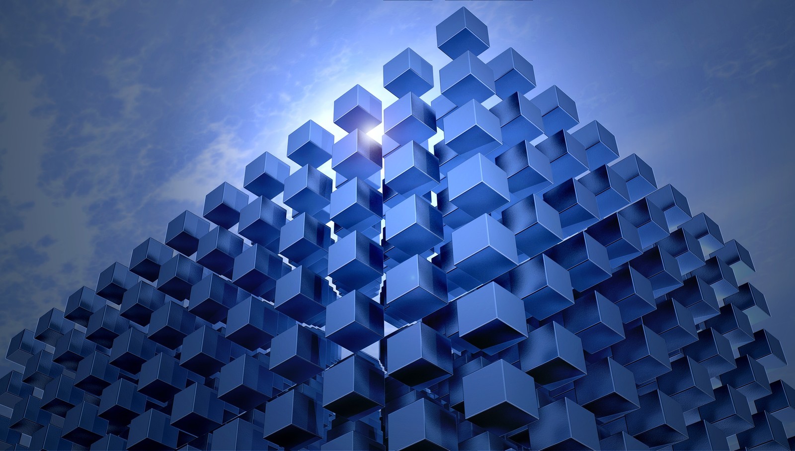 A close up of a person climbing up a tall building made of cubes (3d cubes, modern architecture, cgi, blue, graphics cgi)