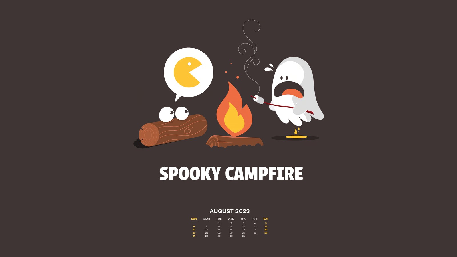 A calendar with a ghost and a fire on it (august calendar, 2023, campfire, spooky, illustration)