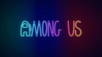 Logo 'Among Us' en neón sobre fondo degradado