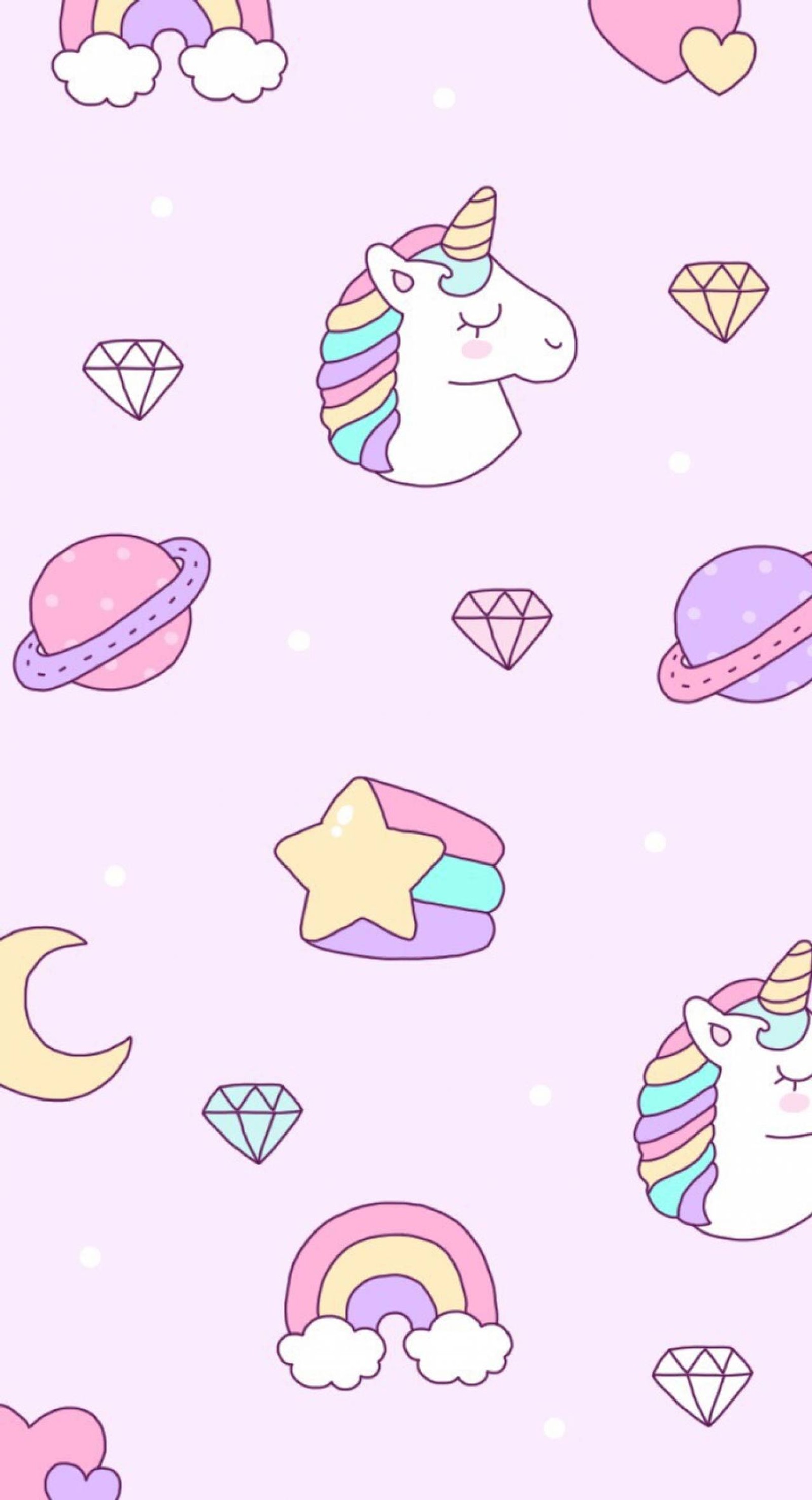 Un fondo rosa con un unicornio, un diamante, un arco iris y un diamante (unicornio, caricatura, texto, diseño, ilustración)