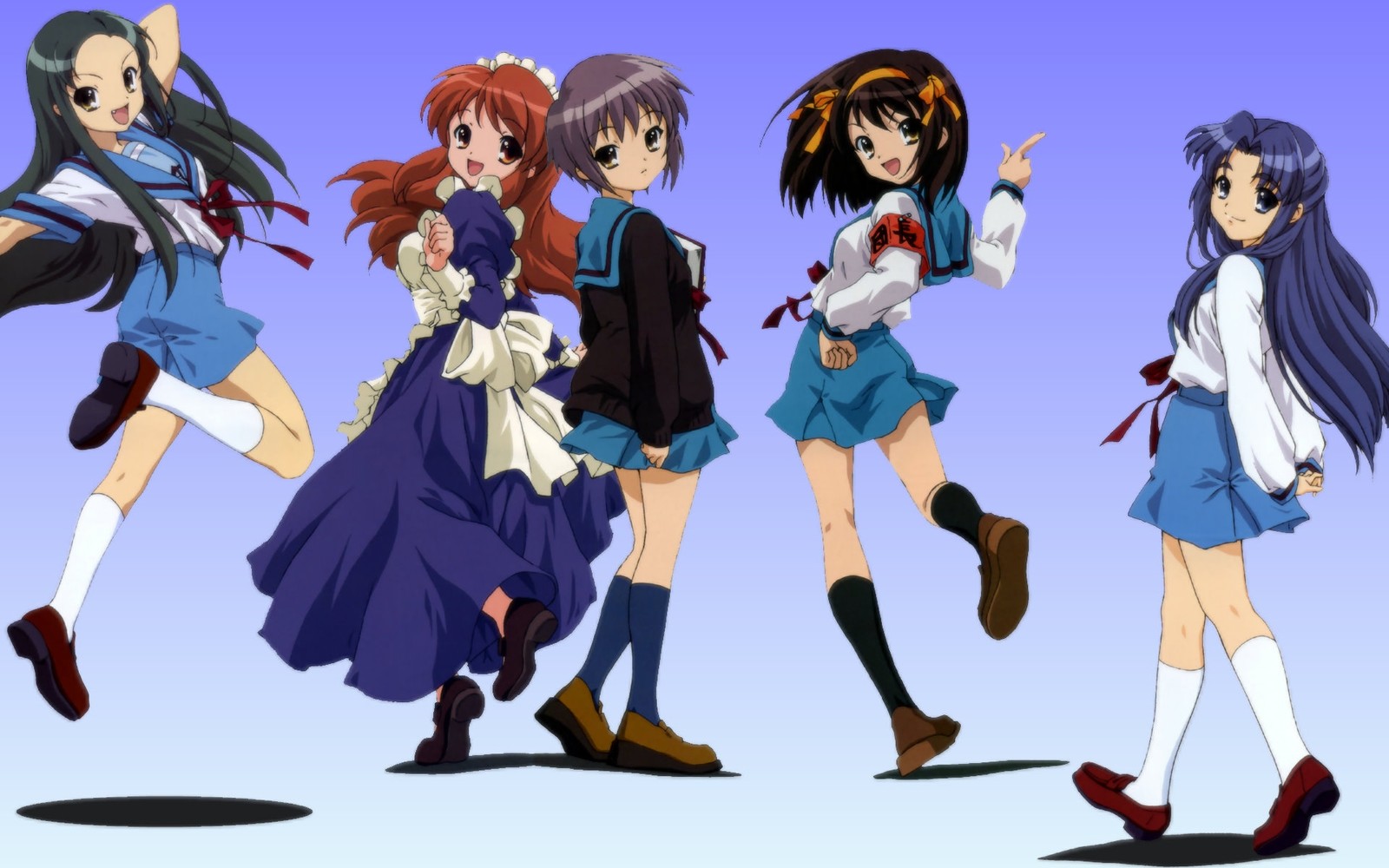 Baixar papel de parede haruhi suzumiya, yuki nagato, mikuru asahina, uniforme, mangaka