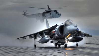 Самолет Harrier Jump Jet и военный вертолет в действии на авианосце