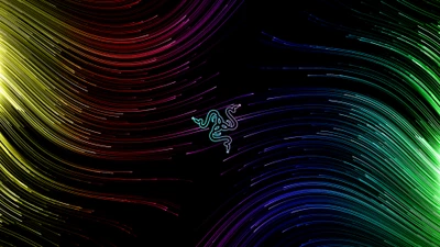 Vagues abstraites colorées sur fond sombre avec le logo Razer