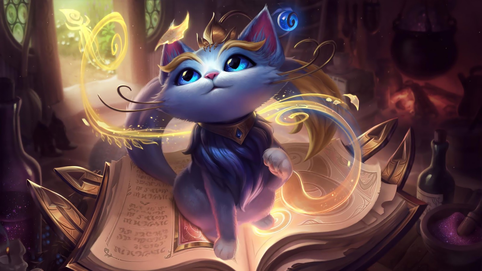 Близкий план кошки, сидящей на книге (юми, yuumi, иллюстрация, lol, league of legends)