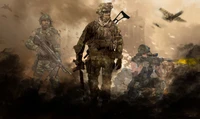 Dynamic military scene featuring three soldiers in combat gear, poised for action against a backdrop of war-torn landscapes and aircraft, embodying the intensity of modern warfare.