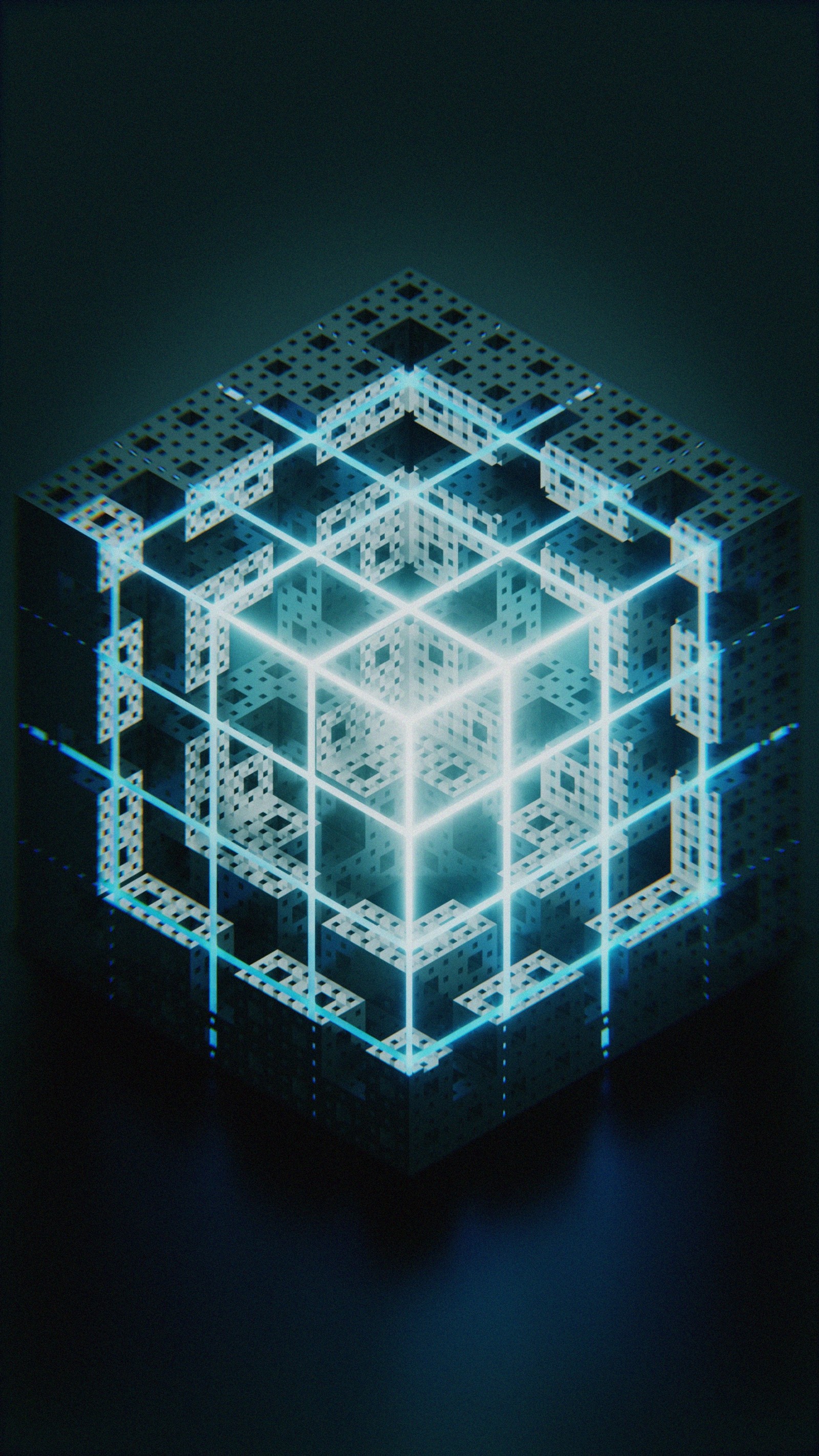 There is a glowing cube with a lot of squares on it (blue, light, symmetry, pattern, architecture)