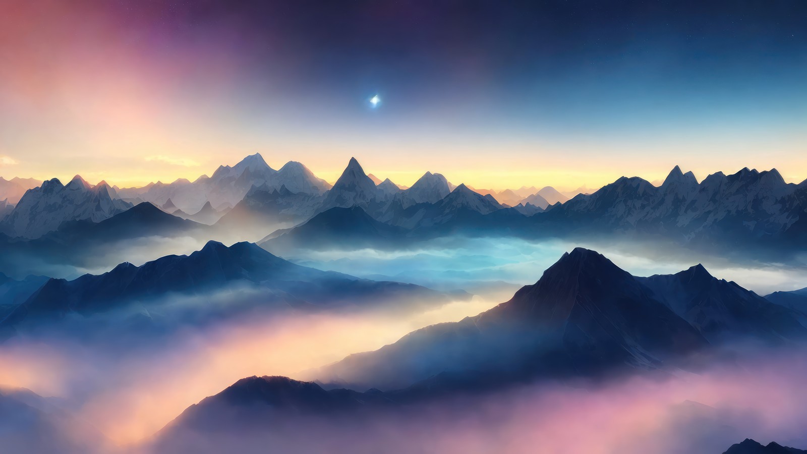 mountains, scenery, fog, mist, ai wallpaper