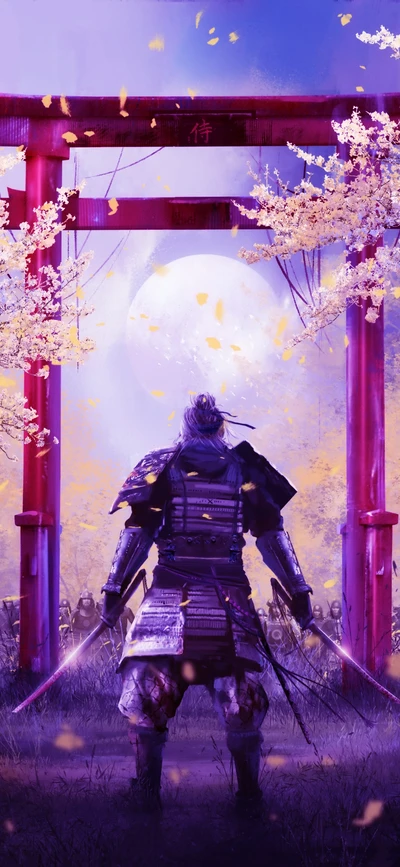 Samurai Under the Blossoming Torii: A Vibrant Fusion of Colors