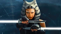 Ahsoka Tano mit zwei Lichtschwertern in einer dynamischen Pose.