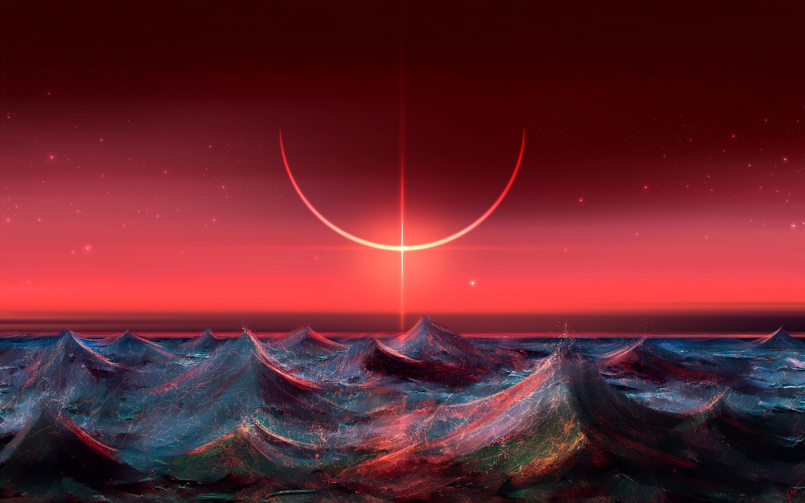 Un atardecer rojo sobre el océano con una luna creciente en el cielo (océano, pintura rápida, arte digital, eclipse, fondo rojo)