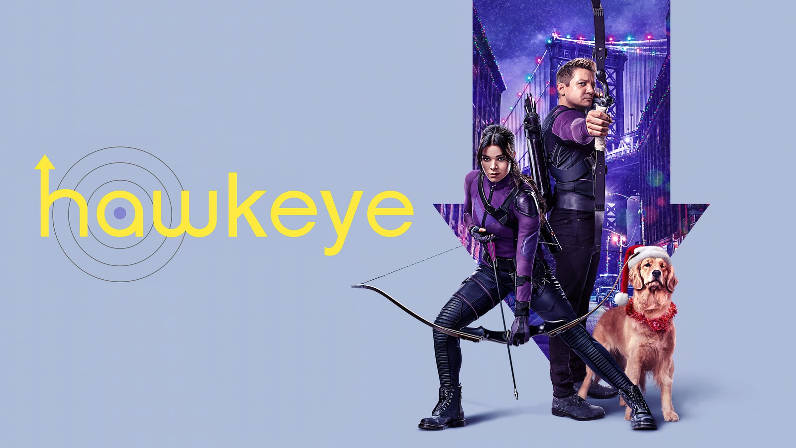 Un homme et une femme avec un chien et une flèche devant une affiche (la série hawkeye, disney, série télévisée, hawkeye, clint barton)