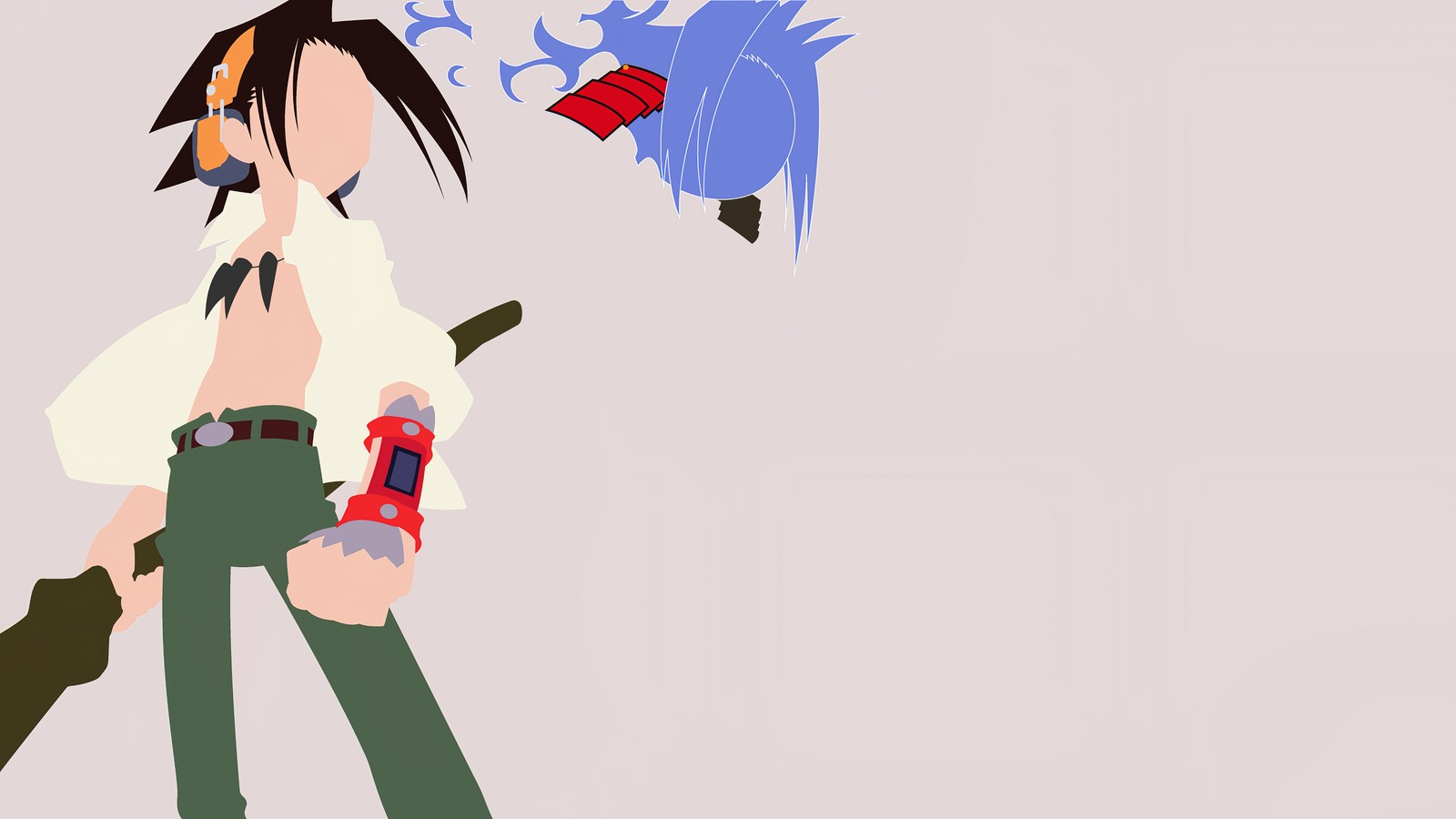 Anime, una mujer con una pistola y un pájaro en la mano (shaman king, anime, yoh asakura, amidamaru, minimalista)