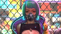 Chica ciberpunk futurista en un paisaje urbano de neón