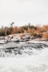 Winter Wilderness: Flowing River Over Snow-Capped Rocks