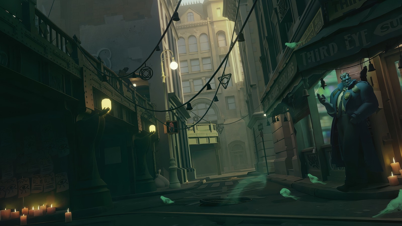 There is a street with a clock tower and a building in the background (deadlock, video game)