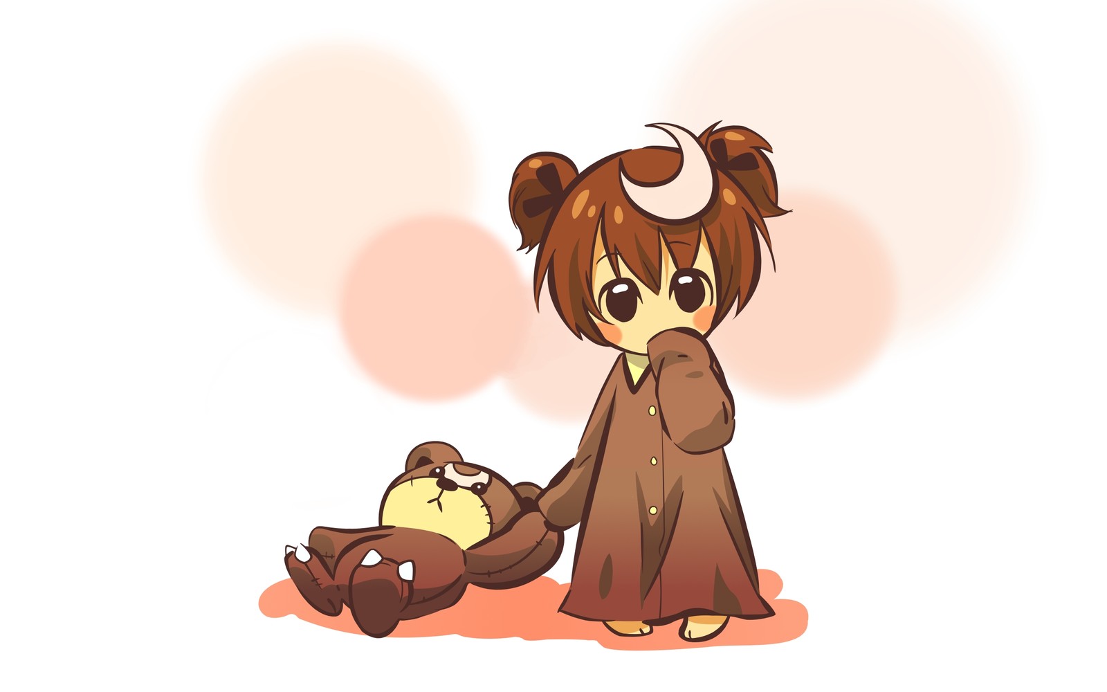 Anime girl holding a teddy bear with a devil horns head (chibi, cartoon, illustration, giant panda, kavaii)