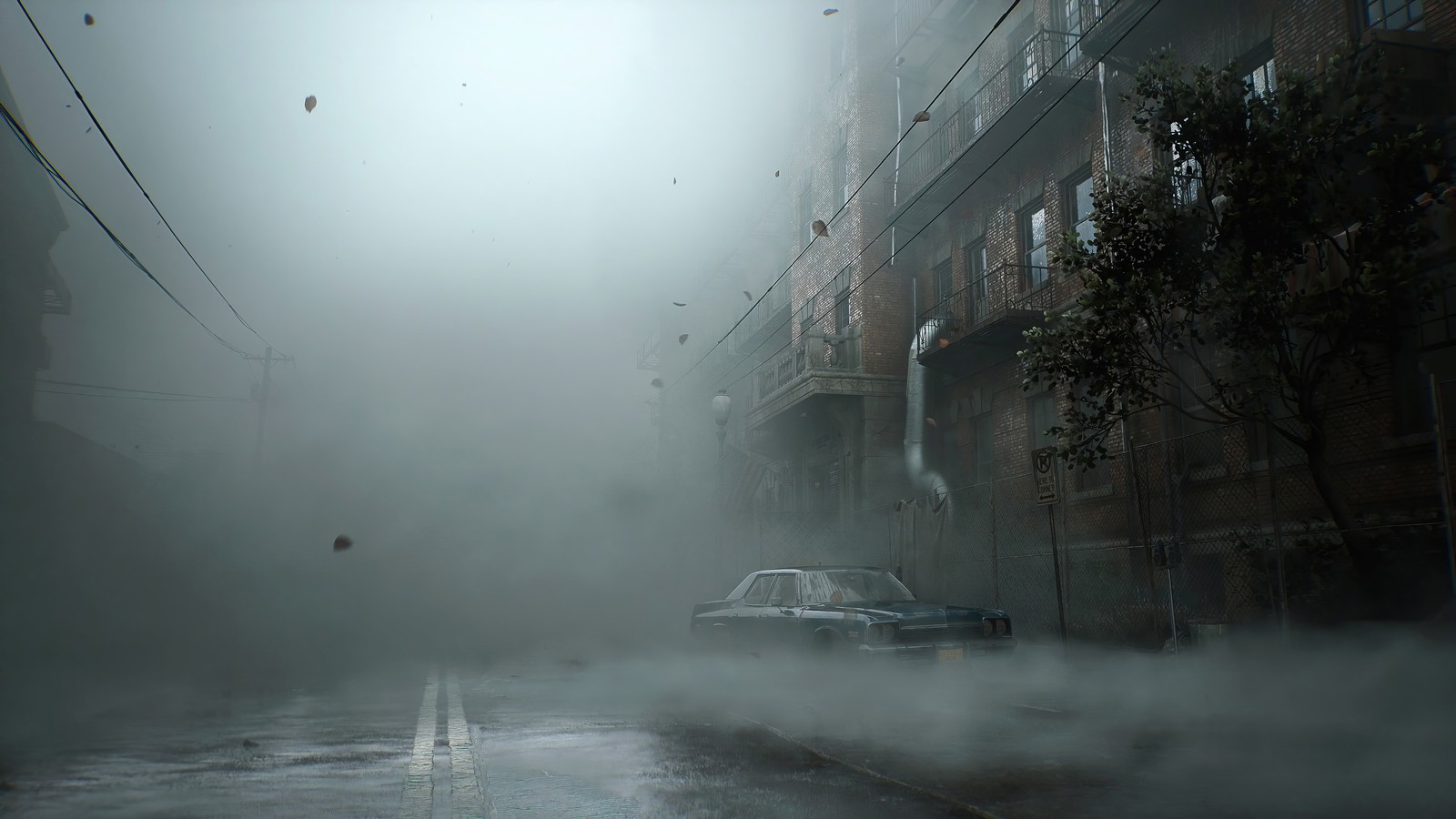 There is a car driving down a street in the fog (silent hill 2, video game, video)