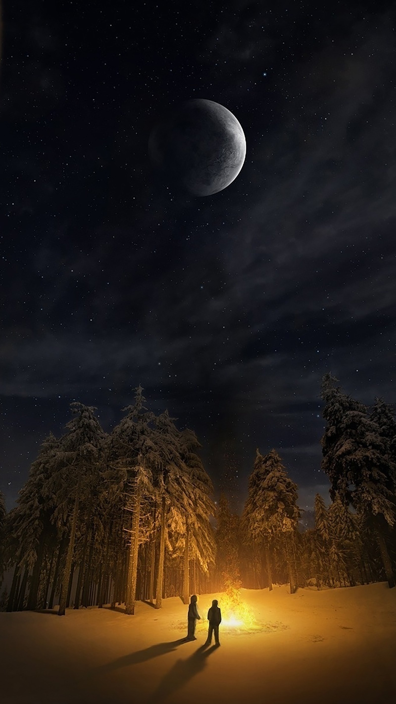 Hay dos personas de pie en la nieve bajo una luna llena (belleza de la naturaleza, fuego, bosque, luna, noche)