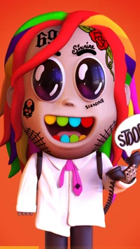 Representação colorida em cartoon de 6ix9ine com cabelo arco-íris