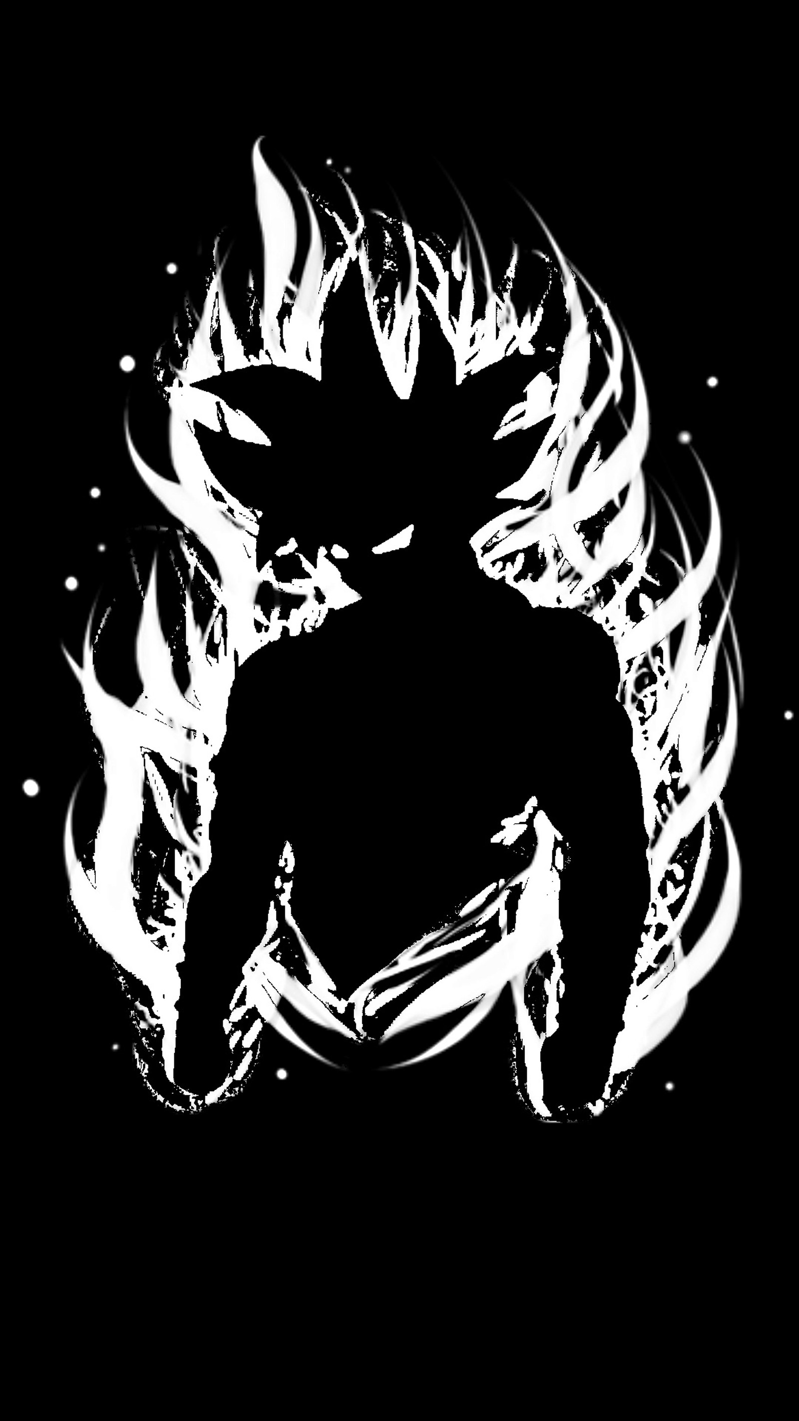 Una foto en blanco y negro de un hombre con una bola de fuego en la mano (dbs, dragonball, goku, jiren, instinto ultra)