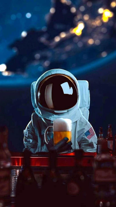 Astronaute profitant d'une bière dans l'espace