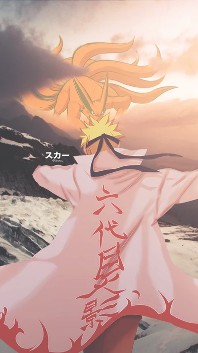 Naruto Uzumaki surplombant des montagnes majestueuses, incarnant l'esprit des Neuf Queues.