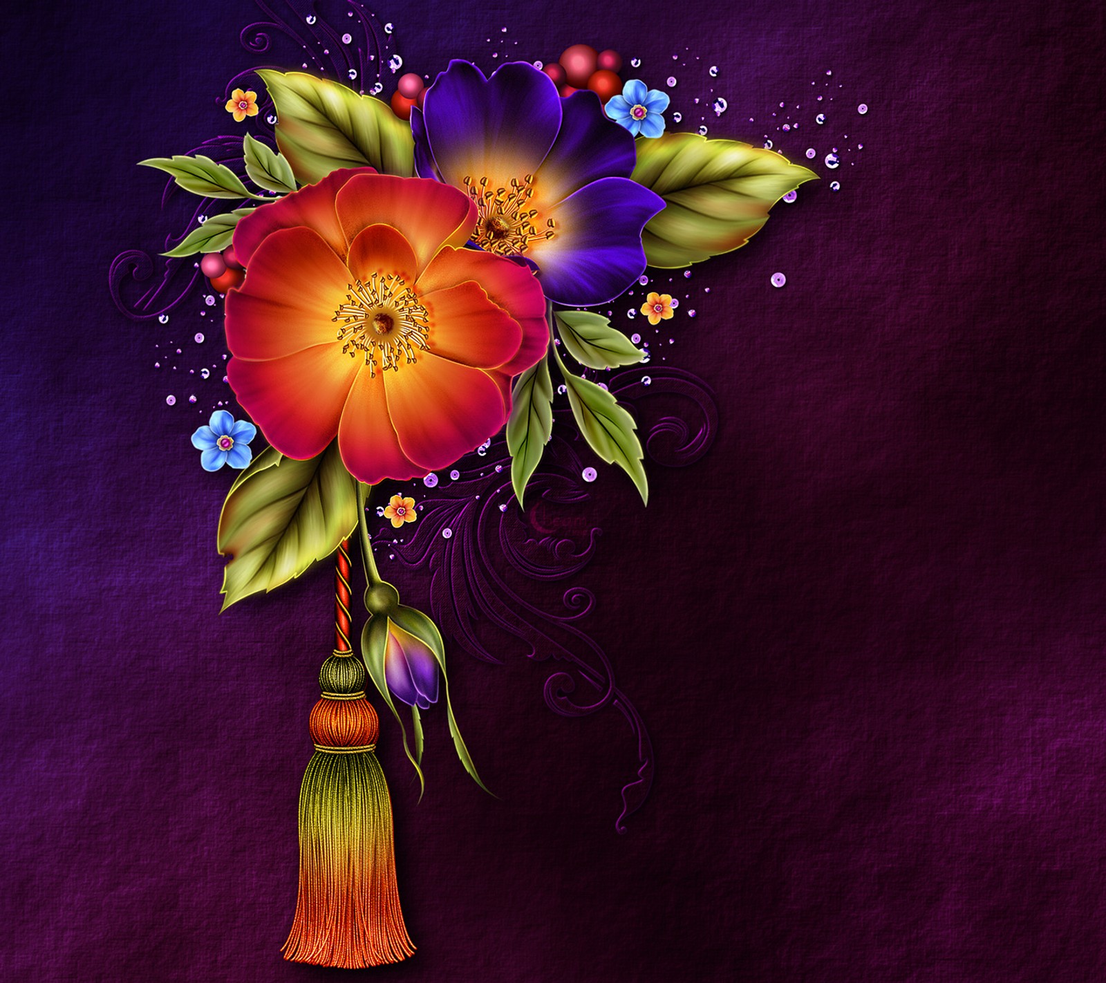 Purple and orange flowers with a tassel on a purple background (color, colour, design, flower, orange)