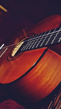 Close-up of a beautifully crafted acoustic guitar showcasing its warm wood tones and intricate details.