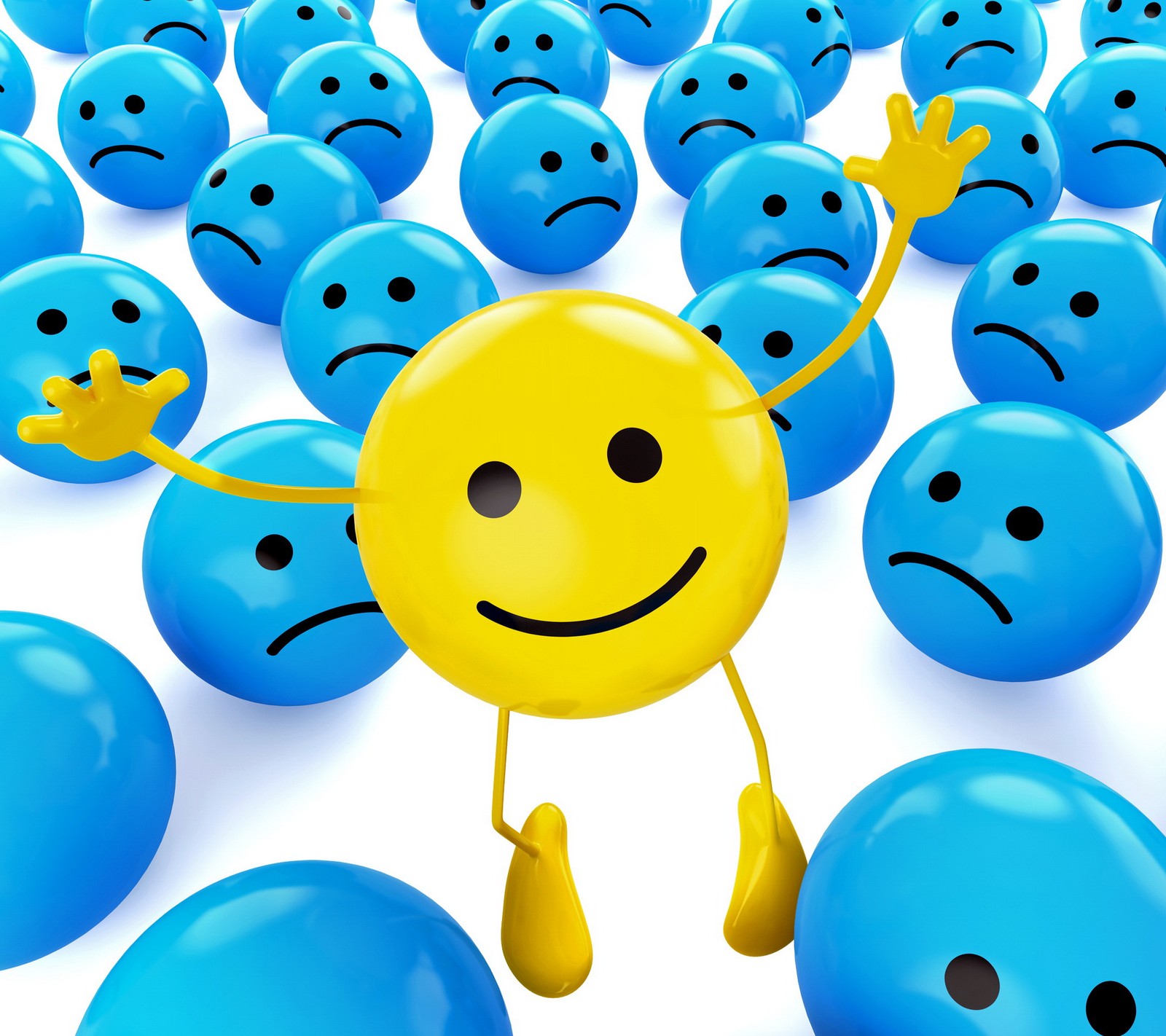 A close up of a smiley face in a crowd of blue balls (3d, balls, happy, smiley)